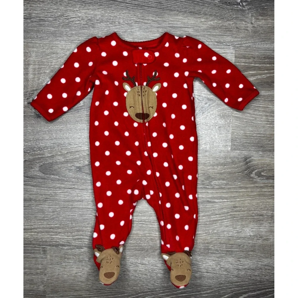 Carters Infant Fleece Footed Sleeper Pajamas Red Reindeer Holidays Size 3 Months